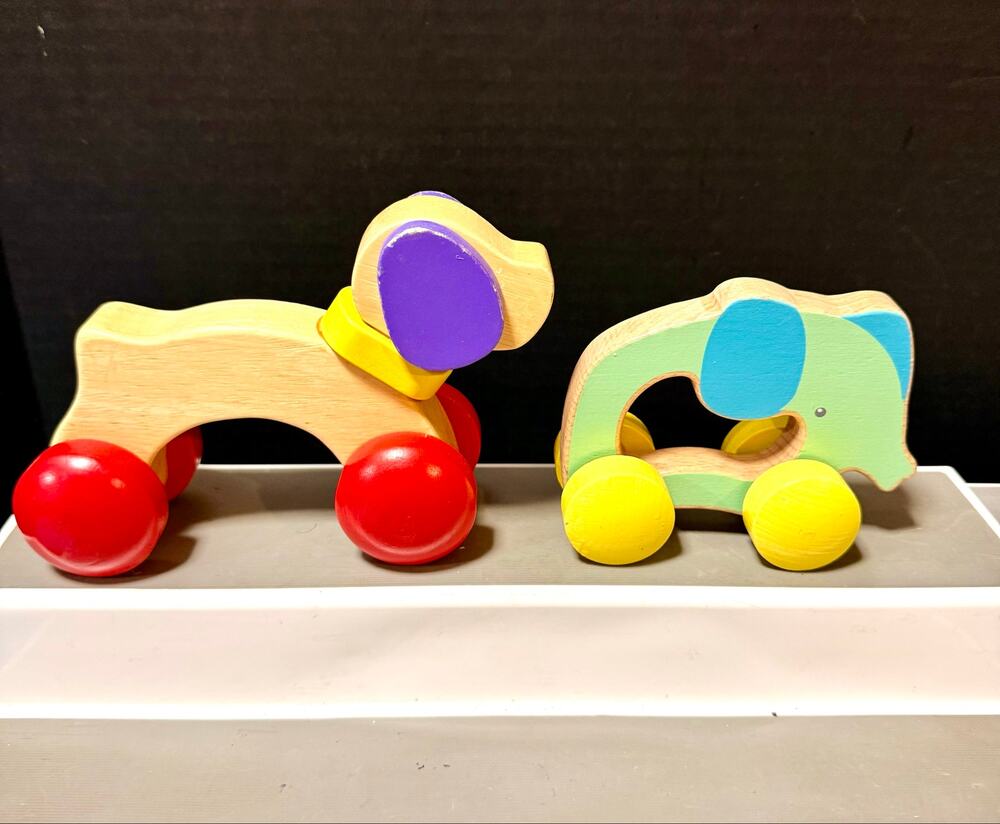 Wooden push & roll natural wood colored puppy & green elephant cars Imaginarium